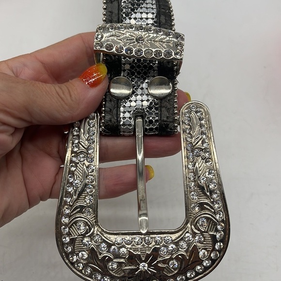 Nocona Black Silver Bling Western Belt leather with rhinestones Sz XL main image 5